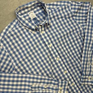 Brooks Brothers Shirt Mens Large Blue White Plaid Regent Fit Non Iron Cotton